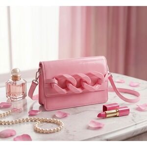 Pink Chunky Chain Clutch Crossbody Wallet Bag Faux Leather Barbie Y2K Aesthetic